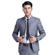 Zhongshan suit stand-up collar suit slim youth casual fashion Chinese ethnic clothing gray round collar set west two-piece set