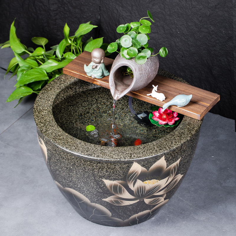 Large Ceramic Tank, Traditional Fish Tank, Living Room Balcony Floor-Standing Goldfish Tank, Ceramic Pot with Circulating Water, Old-Fashioned Water Tank for Landscaping