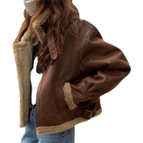 Айкоко мех интегрированные оленя Deea Velvet Locomotive Jacket Утолщенная леди короткая свободная внешняя куртка