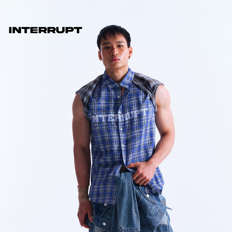 Interrupt4.0 Plaid Sleeveless Shirt with Ink Printing, Patchwork Design, Washed Texture