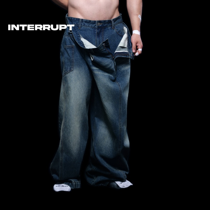 Interrupt4.1 Deconstructed Denim Trousers with Asymmetrical Twisted Shape, Double-Layer Structure, Genuine Leather Label for Men
