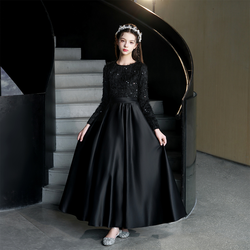 Long-Sleeved Black Formal Dress for Girls, Suitable for Piano, Violin Performances, Hostess, Art Exam, Elegant Performance Evening Dress Long-Sleeved Black Formal Dress for Girls, Suitable for Piano, Violin Performances, Hostess, Art Exam, Elegant Performance Evening Dress