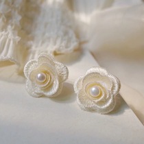 Korean embroidered lace White Rose Day freshwater pearl earrings retro elegant Camellia earrings female