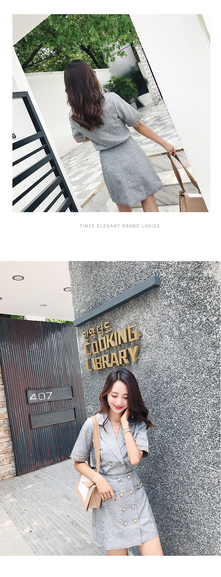 VK旗艦店 韓國小香風修身顯瘦雙排扣OL西裝領套裝短袖裙裝