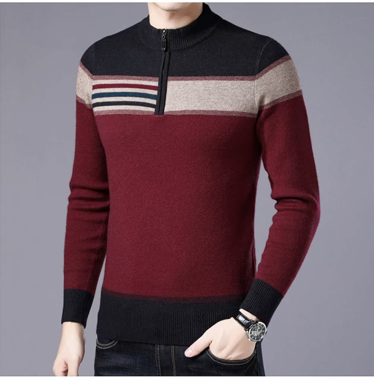 Mùa đông trung niên áo len cashmere nam dày áo len của cha kéo dài một nửa dây kéo đan đáy áo sơ mi trung niên áo nam hàng hiệu