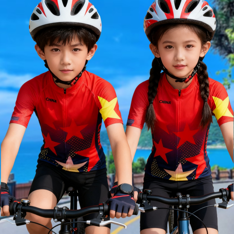 Chinese Style Spring and Summer Children's Cycling Jersey Short-Sleeve Set Mountain Bike Balance Bike Cycling Clothing Performance Roller Skating Clothing