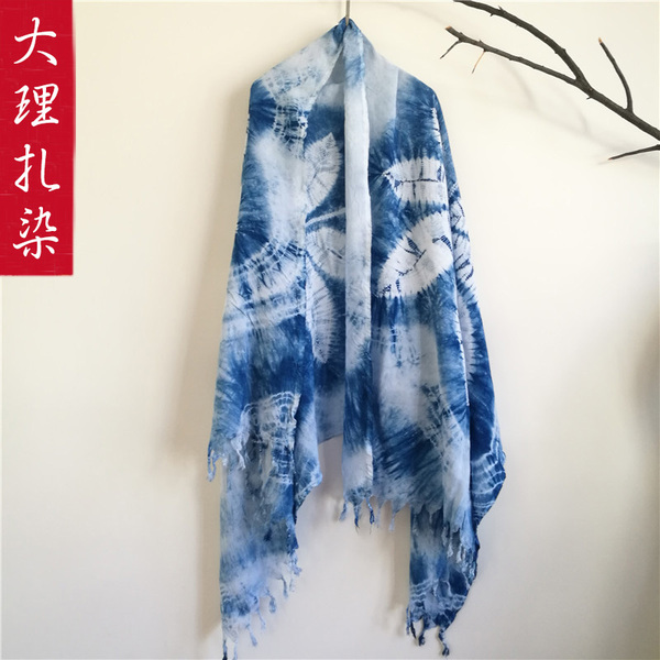 Yunnan Bai Ethnic Handmade Tie-Dyed Scarf Pure Cotton Dali Specialty Gift Shawl Ethnic Style Tassel Scarf Shawl for Women