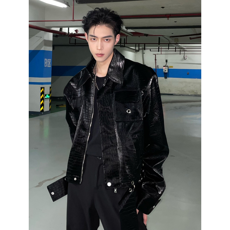 National Trend ins High Street Fashion Brand Crocodile Pattern Padded Shoulder Leather Jacket for Men Spring Versatile Casual Pu Leather Short Jacket