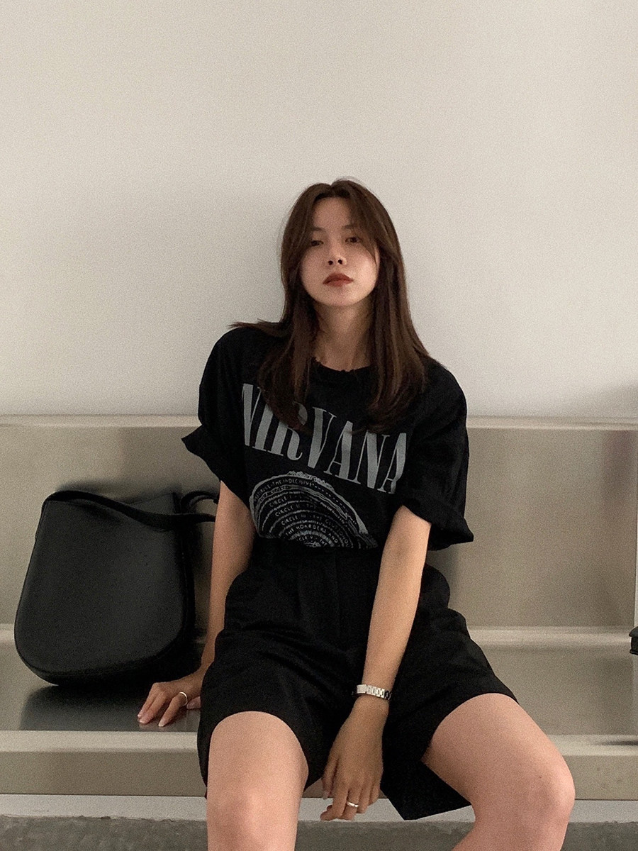 LIL CHER short-sleeved T-shirt women's long version of black ins tide summer loose Korean letter printing half-sleeve top