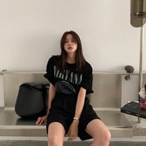LIL CHER short-sleeved T-shirt womens long black ins tide summer loose Korean letter printing half-sleeve top