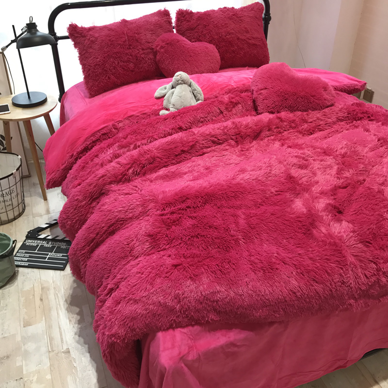 Winter thickened water mink bed four pieces of cover mesh red ins coral suede crystal floss suede quilt cover pure color sheets