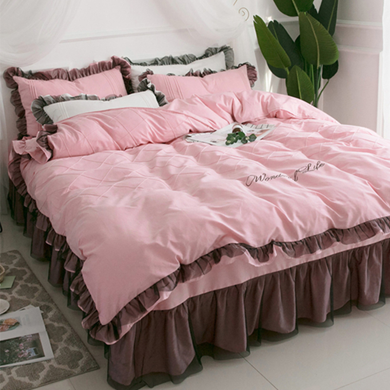 Summer net red style four-piece princess style pure cotton ruffled bed quilt cover naked sleeping super soft lace edge bed skirt