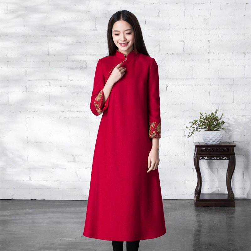 Petite Fei 2019 mùa đông mới cải tiến váy sườn xám màu đỏ len dài một dòng quần áo phụ nữ phong cách Trung Quốc cổ điển - A-Line Váy