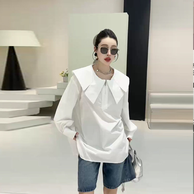 胖妹妹加肥披肩领版拉链长袖衬衫韩版大码女装学院风减龄百搭上衣