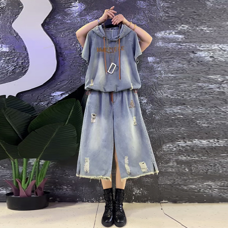 Plus Size Women's Clothing Set, Hooded Short-Sleeved Top, Ripped Wide-Leg Pants, Summer Style Denim Two-Piece Set for Fat Girls