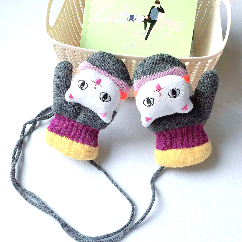 Baby children gloves Boy girl cartoon winter children wool plus velvet warm girl with finger hanging neck bag cover