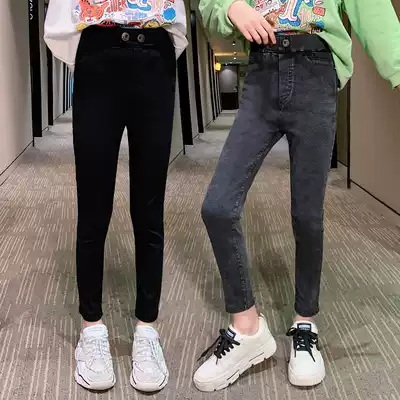 Girls black soft jeans 2021 spring and autumn thin stretch foreign style slim child small foot long pants