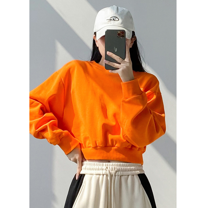 European and American Style Orange Waist-Cinching Sweatshirt for Women, Spring and Autumn, American Street Style, Orange Loose Pullover, Slimming Short Top, Trendy Jacket European and American Style Orange Waist-Cinching Sweatshirt for Women, Spring and Autumn, American Street Style, Orange Loose Pullover, Slimming Short Top, Trendy Jacket