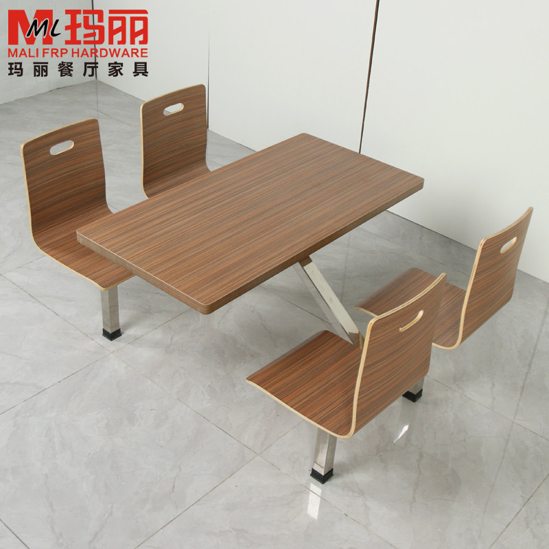 Student staff canteen dining table and chair combination snack bar 4 people 6 people 8 stainless steel fiberglass one-piece fast dining table and chairs