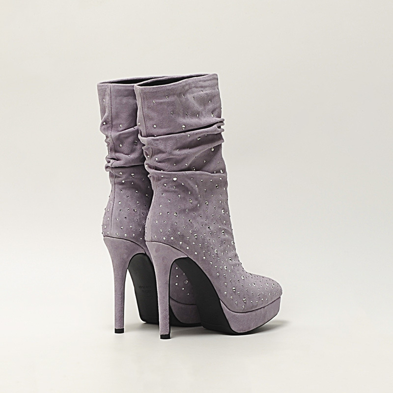 Zenglaer~12Cm Genuine Leather High-Heeled Platform Women's Shoes for Autumn and Winter, Stiletto Heel, Pleated Rhinestone Purple Ultra-High Heel Short Boots Zenglaer~12Cm Genuine Leather High-Heeled Platform Women's Shoes for Autumn and Winter, Stiletto Heel, Pleated Rhinestone Purple Ultra-High Heel Short Boots