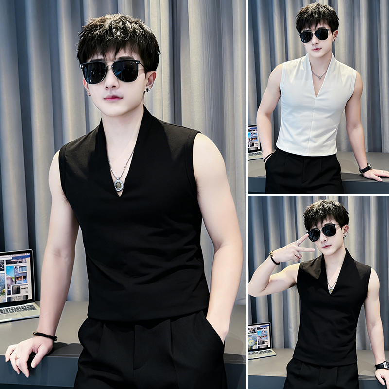 Deep V-Neck Vest for Men, Base Layer Shirt, Men's Sleeveless T-Shirt for Outerwear, 2026 New Style, Cool and Handsome Style, Slim Fit Ice Silk Top