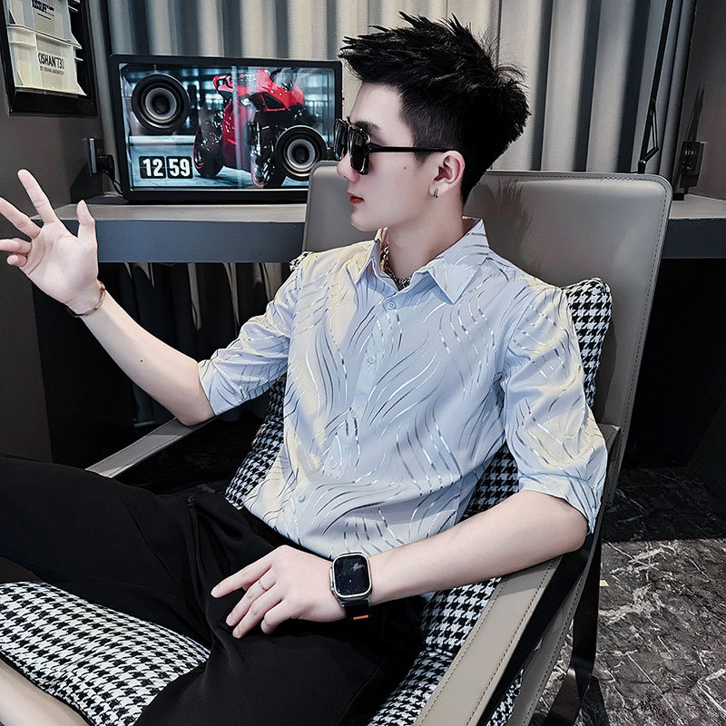 Trendy Men's Slim-Fit Three-Quarter Sleeve Shirt, Ultra-Popular Ice Silk Short-Sleeve 2026 New Style, High-End Fashion Brand Mid-Sleeve Men's Clothing