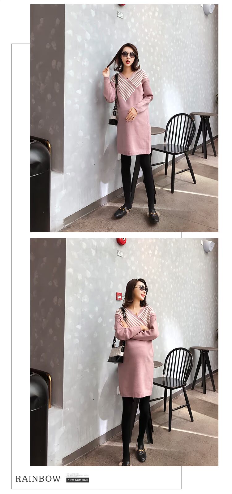 Phụ nữ mang thai mùa thu mẫu thời trang Hàn Quốc phiên bản mới của đầm bà bầu sọc đan mùa thu và mùa đông trong phần dài của bà bầu mặc váy thủy triều dam bau