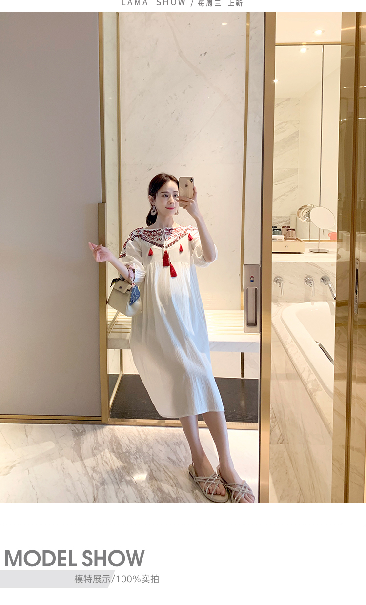 Đầm bà bầu mùa hè đầm suông thời trang quốc gia áo dài 2019 mới tay áo dài năm điểm - Áo thai sản đầm bầu công sở dáng dài