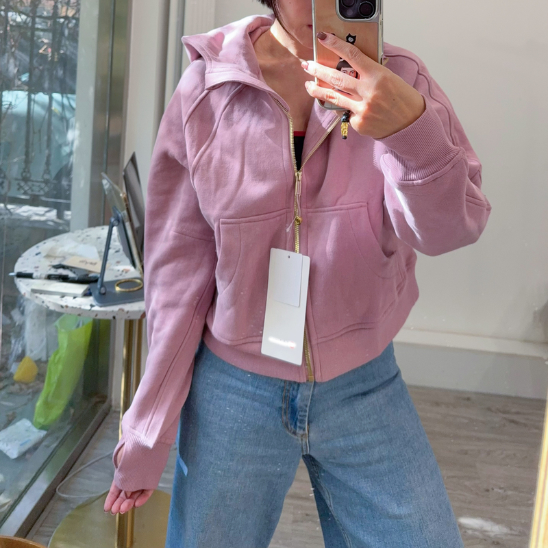 High-End Version Sweatshirt with Pocket Tags, Gold Label, Full Zip, Loose Fit, Fleece-Lined Jacket, Sports Casual Yoga Hooded Jacket