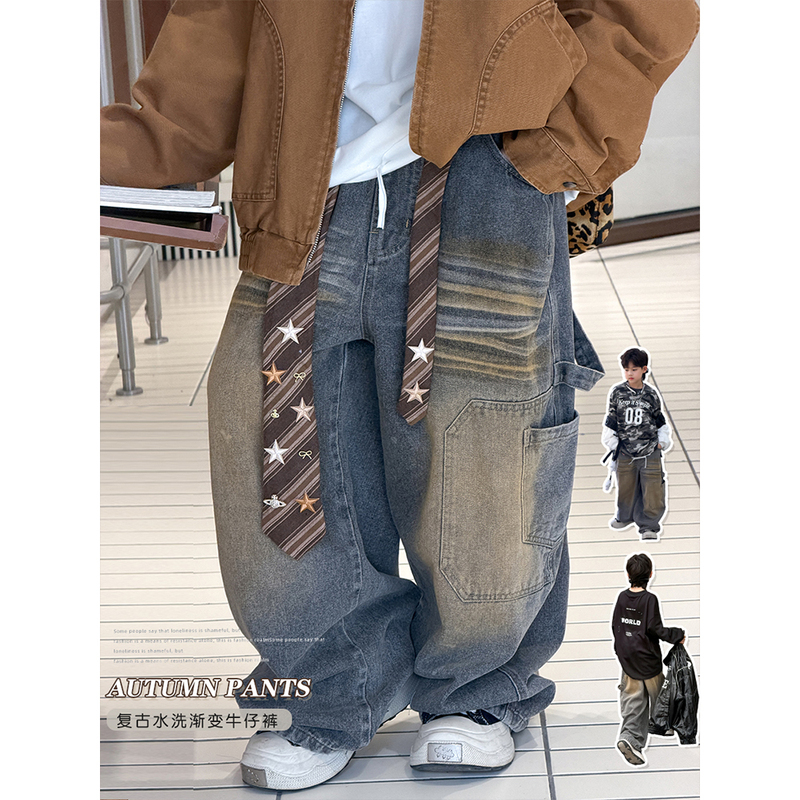 Qbaojia Children's Clothing Boys' Jeans Autumn Boys' Denim Pants for Older Children Casual Long Pants Loose Straight Pants