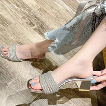  Lazy open-toed half slippers 2021 summer new thick-heeled sandals women wear fashion temperament rhinestone high heels