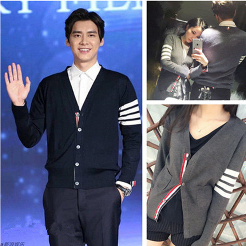 Trendy Brand Tb Cardigan for Men, Large Size Fleece Sweater, V-Neck Knit Sweater, Internet Celebrity Short Style for Women, Couple's Four-Stripe Jacket Trendy Brand Tb Cardigan for Men, Large Size Fleece Sweater, V-Neck Knit Sweater, Internet Celebrity Short Style for Women, Couple's Four-Stripe Jacket