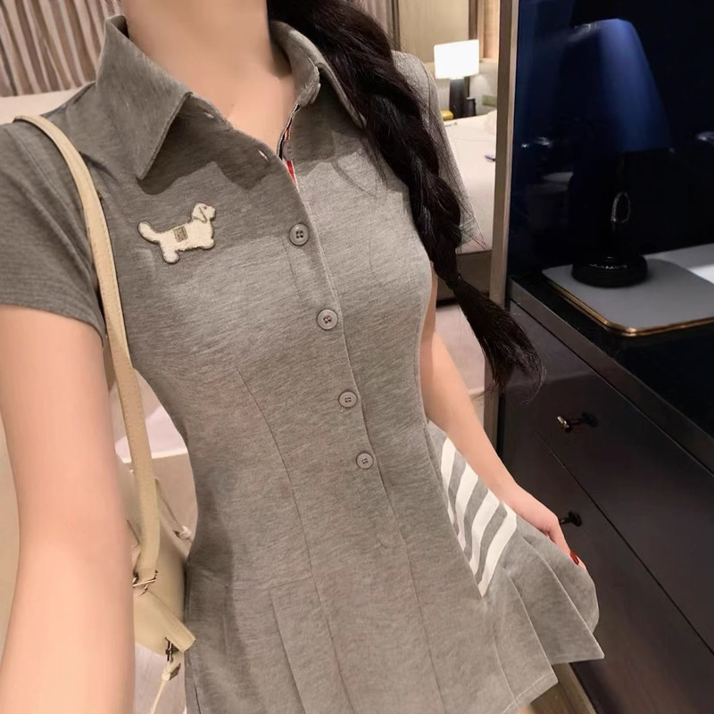 Trendy Brand Tb New High-Waisted Slimming College Style Embroidered Dog Four-Bar Striped Polo Collar Short-Sleeve Pleated Dress for Women
