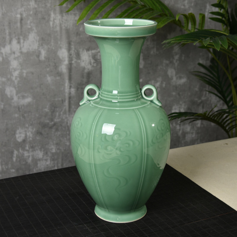 Dragon Springs Green Porcelain Handmade Ceramic Ware Pendulum Large Number Binaural Vase Living Room Genguan Office Bottle Craft Gift