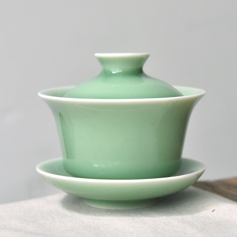 Dragon Springs Green Porcelain Handcrafted Cover Bowl Large ceramic Tea Bowl Gongfu Tea Tea Cup Home Three-only bowls 140ml