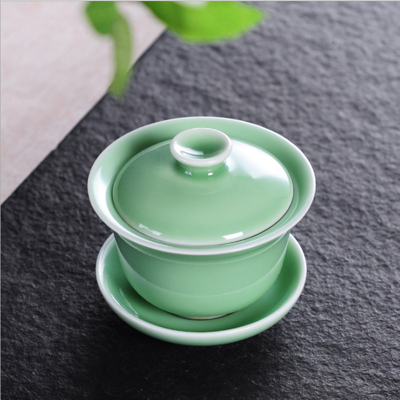 Four-color optional ceramic cover bowl Longquan celadon sancai bowl tea bowl with lid tea cup Pu'er tea set 140ml