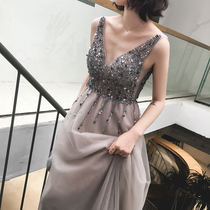 Slim V-neck sexy backless split sequins long dress dress dress Party party party evening dress
