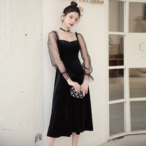 French black vintage velvet slim dress birthday party daily long sleeve dress