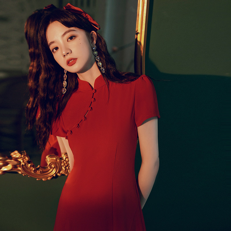 Toast bride married engaged wine red retro temperament leads improved flanggown Chinese dress daily wear