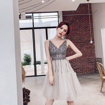 Slim V-neck sexy backless heavy industry sequins short dress Party party evening dress
