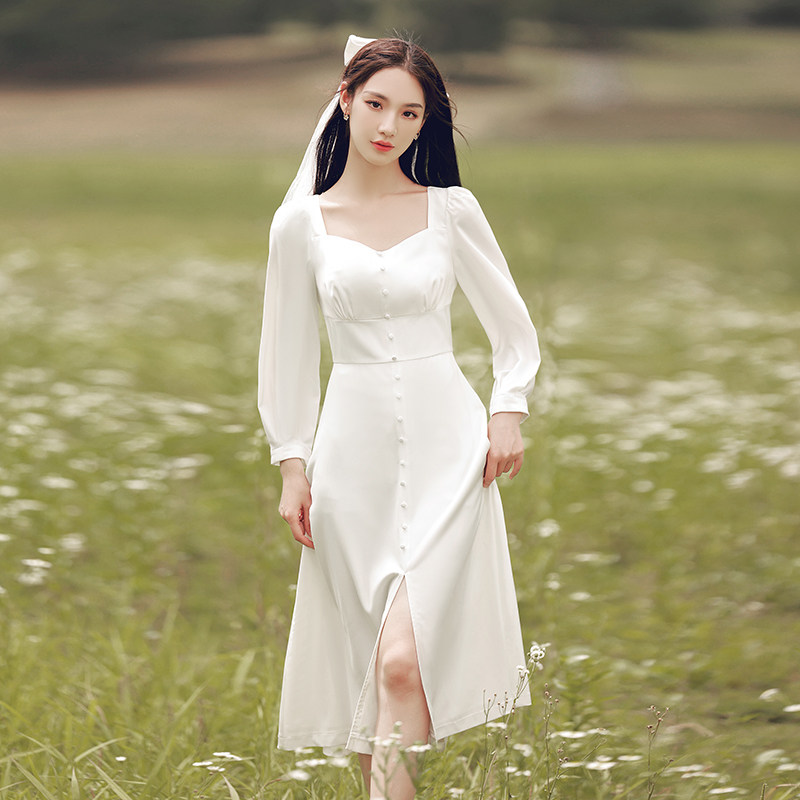 French retro white dress can be worn at ordinary times for registration and engagement Satin Sen light gauze travel dress