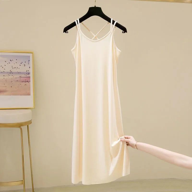 Summer Mid-Length Ice Silk Dress with Cross-Back Camisole, Stylish and Loose-Fitting for Women