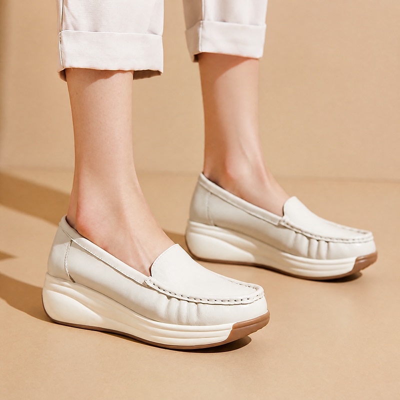[Full Leather Inside and Out] Genuine Leather Wedge Heel Women's Round Toe Slip-On Loafers Comfortable Nurse Shoes for Women