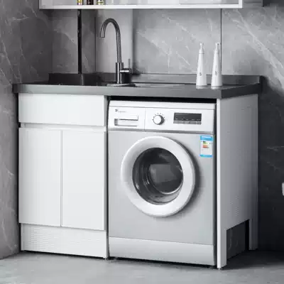 Custom corner-cut balcony space aluminum washing machine cabinet combination black sink integrated cabinet companion with washboard