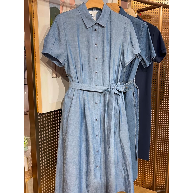 Very Stylish Commuter-Style Short-Sleeved Shirt Dress for Women, Summer Polo Collar, Tie Waist, Mid-Length Dress, 2026 New Model