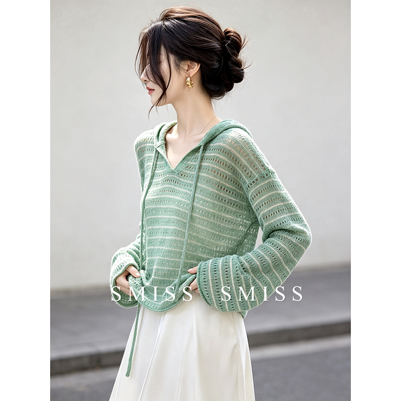 Lazy Style Hollow-Out Hooded Knit Sweater for Women, Green Drawstring Thin Soft Top That Makes You Look Fairer, New for Autumn 2026