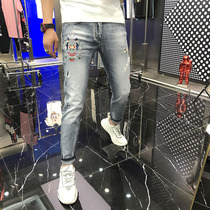 Jeans men early autumn 2020 new European station fashion dragonfly embroidery small feet long personality wild youth tide