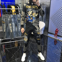 2021 Men Spring New Products Fashion Suit Personality Figures Digital Printed Zipped Cardiovert Long Sleeves Two Sets Tide