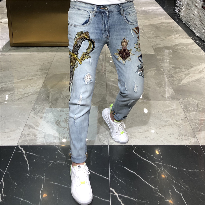 Summer Men's Jeans Men's Slim Fit Smoke Tubes Pants Slim Fit Fashion Teens 2019 New Embroidery 100 Hitch Ride