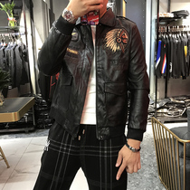 Embroidered leather mens tide jacket trend 2021 New slim Korean version of handsome pilot leather jacket motorcycle jacket